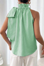 Load image into Gallery viewer, Sky Blue Striped Frill Neck Tie Knot Sleeveless Top