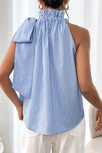 Load image into Gallery viewer, Sky Blue Striped Frill Neck Tie Knot Sleeveless Top