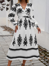 Load image into Gallery viewer, Devine Printed Surplice Lantern Sleeve Midi Dress