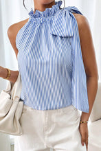 Load image into Gallery viewer, Sky Blue Striped Frill Neck Tie Knot Sleeveless Top