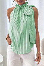 Load image into Gallery viewer, Sky Blue Striped Frill Neck Tie Knot Sleeveless Top