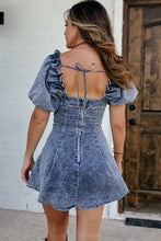 Load image into Gallery viewer, Blue Frill Square Neck Puff Sleeve Backless Denim Dress