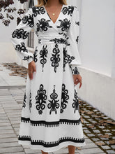 Load image into Gallery viewer, Devine Printed Surplice Lantern Sleeve Midi Dress