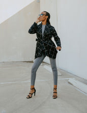Load image into Gallery viewer, warm wool plaid jacket black with white plaid lines - Glitz Chica Boutique
