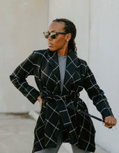 Load image into Gallery viewer, warm wool plaid jacket black with white plaid lines - Glitz Chica Boutique