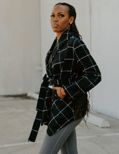 Load image into Gallery viewer, warm wool plaid jacket black with white plaid lines - Glitz Chica Boutique