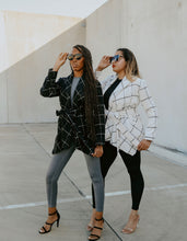 Load image into Gallery viewer, warm wool plaid jacket black with white plaid lines - Glitz Chica Boutique