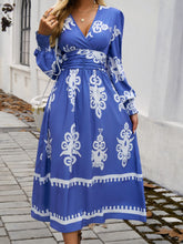 Load image into Gallery viewer, Devine Printed Surplice Lantern Sleeve Midi Dress
