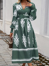 Load image into Gallery viewer, Devine Printed Surplice Lantern Sleeve Midi Dress
