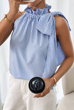 Load image into Gallery viewer, Sky Blue Striped Frill Neck Tie Knot Sleeveless Top
