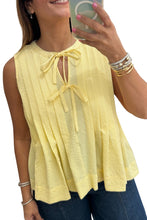 Load image into Gallery viewer, Yellow Cream Bow Tie Notched Neck Pleated Sleeveless Top
