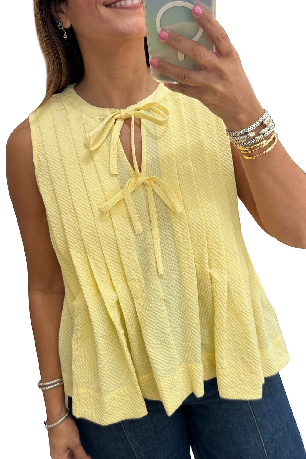 Yellow Cream Bow Tie Notched Neck Pleated Sleeveless Top