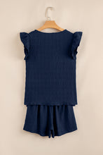 Load image into Gallery viewer, Dirty Blue Textured Ruffle Top and Shirred High Waist Shorts Set
