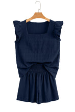 Load image into Gallery viewer, Dirty Blue Textured Ruffle Top and Shirred High Waist Shorts Set
