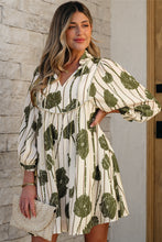 Load image into Gallery viewer, Guacamole Green Floral Striped Print Contrast Piping Puff Sleeve Dress
