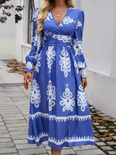 Load image into Gallery viewer, Devine Printed Surplice Lantern Sleeve Midi Dress
