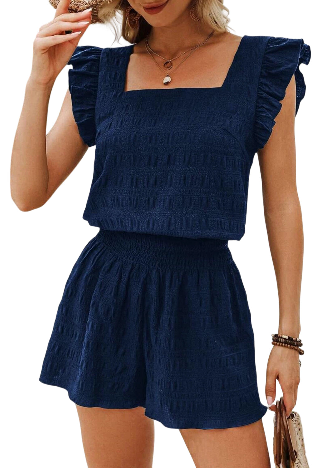 Dirty Blue Textured Ruffle Top and Shirred High Waist Shorts Set