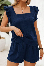 Load image into Gallery viewer, Dirty Blue Textured Ruffle Top and Shirred High Waist Shorts Set
