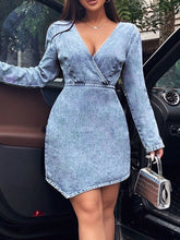 Load image into Gallery viewer, Surplice Long Sleeve Denim Dress
