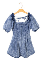 Load image into Gallery viewer, Blue Frill Square Neck Puff Sleeve Backless Denim Dress
