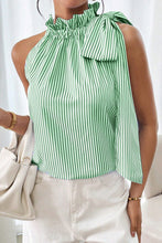 Load image into Gallery viewer, Sky Blue Striped Frill Neck Tie Knot Sleeveless Top
