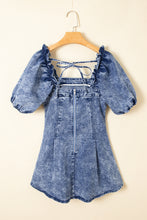 Load image into Gallery viewer, Blue Frill Square Neck Puff Sleeve Backless Denim Dress
