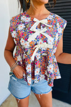 Load image into Gallery viewer, Rose Floral Bow Front Sleeveless Peplum Shirt
