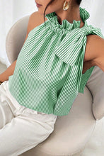 Load image into Gallery viewer, Sky Blue Striped Frill Neck Tie Knot Sleeveless Top
