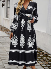 Load image into Gallery viewer, Devine Printed Surplice Lantern Sleeve Midi Dress
