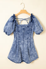 Load image into Gallery viewer, Blue Frill Square Neck Puff Sleeve Backless Denim Dress
