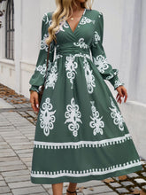 Load image into Gallery viewer, Devine Printed Surplice Lantern Sleeve Midi Dress
