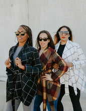 Load image into Gallery viewer, warm wool plaid jacket black with white plaid lines - Glitz Chica Boutique

